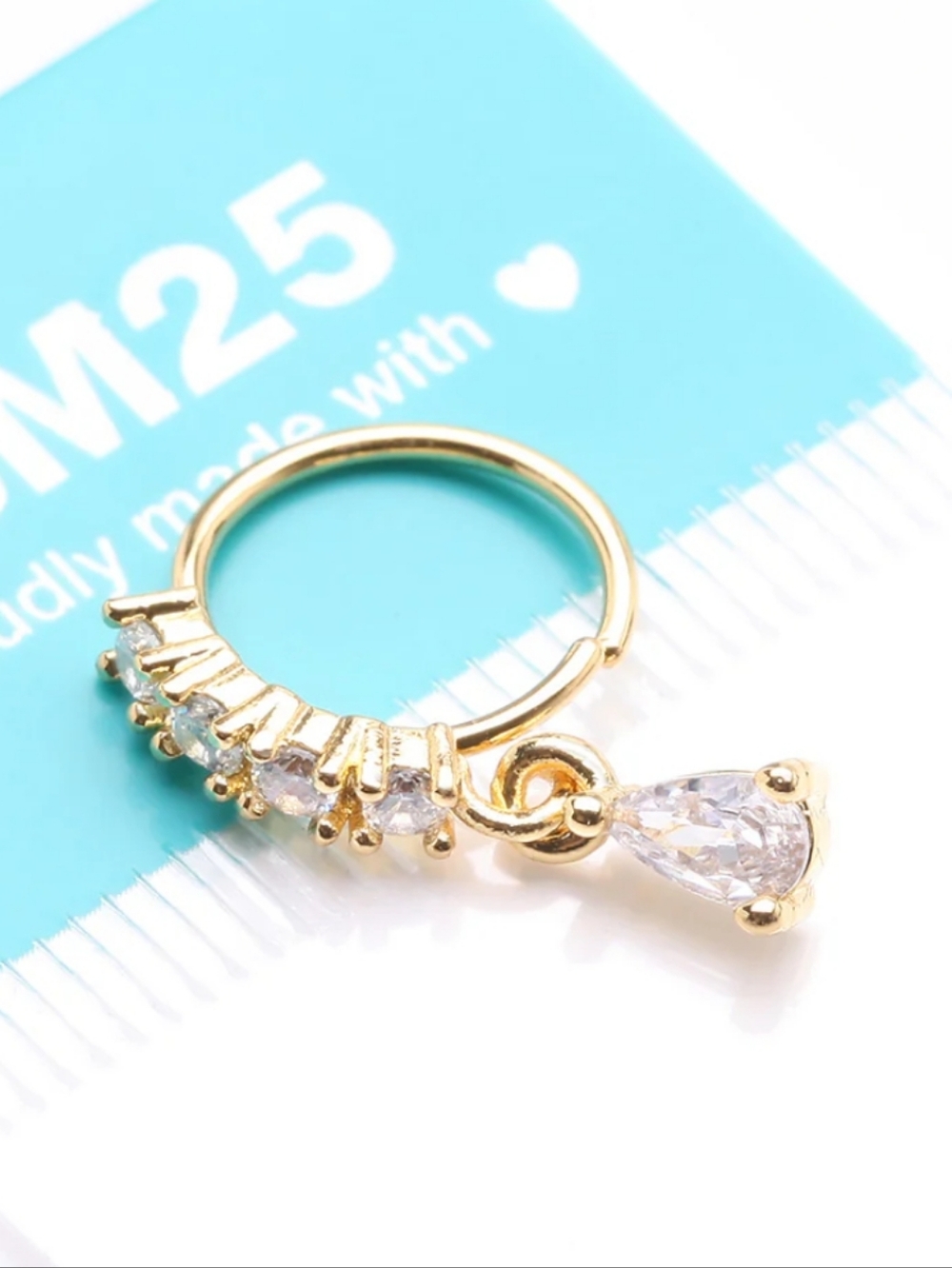 Gold Teardrop Dangle Hoop Nose Ring with Clear Stones - Picture 4 of 6